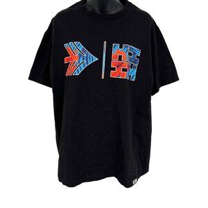 Hawaiis Finest Tee Shirt Black Size Large Red Blue Tribal Logo Short Sleeve EUC